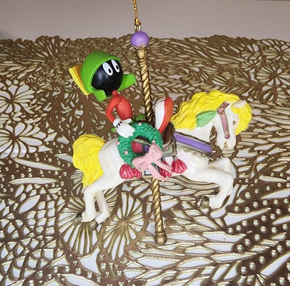 Vintage 1997 Looney Tunes Marvin The Martian Carousel Horse Christmas Ornament